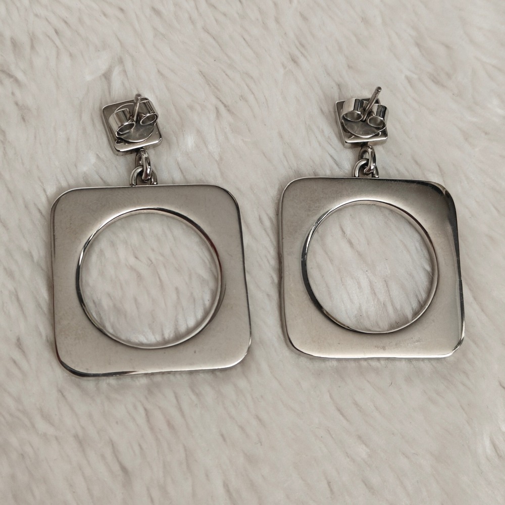 Dolce & Gabbana D&G Silver Tone Crystal Square Drop Earrings Logo Engraved - Picture 2 of 6